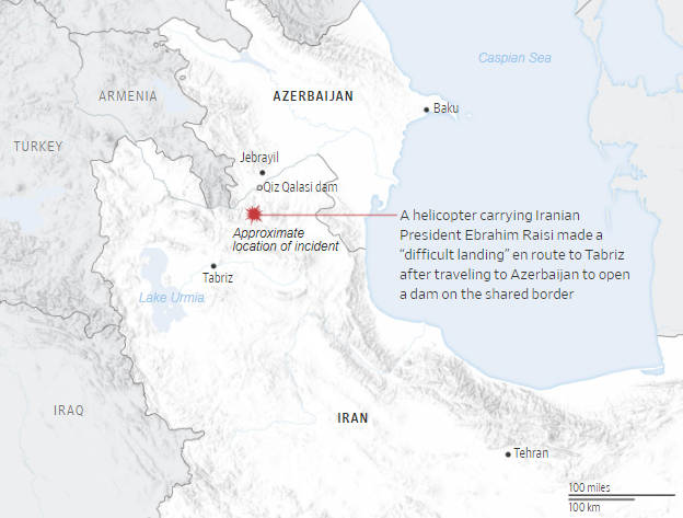 A helicopter carrying Iranian President Ebrahim Raisi made a "difficult landing" en route to Tabriz after traveling to Azerbaijan to open a dam on the shared border; the approximate location of the incident is near the Azerbaijani city of Jabrayil.
Image Source: Wall Street Journal