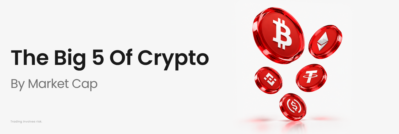 Illustration showing the top 5 crypto by market cap, featuring Bitcoin, Ethereum, Tether, BNB, and USDC. 