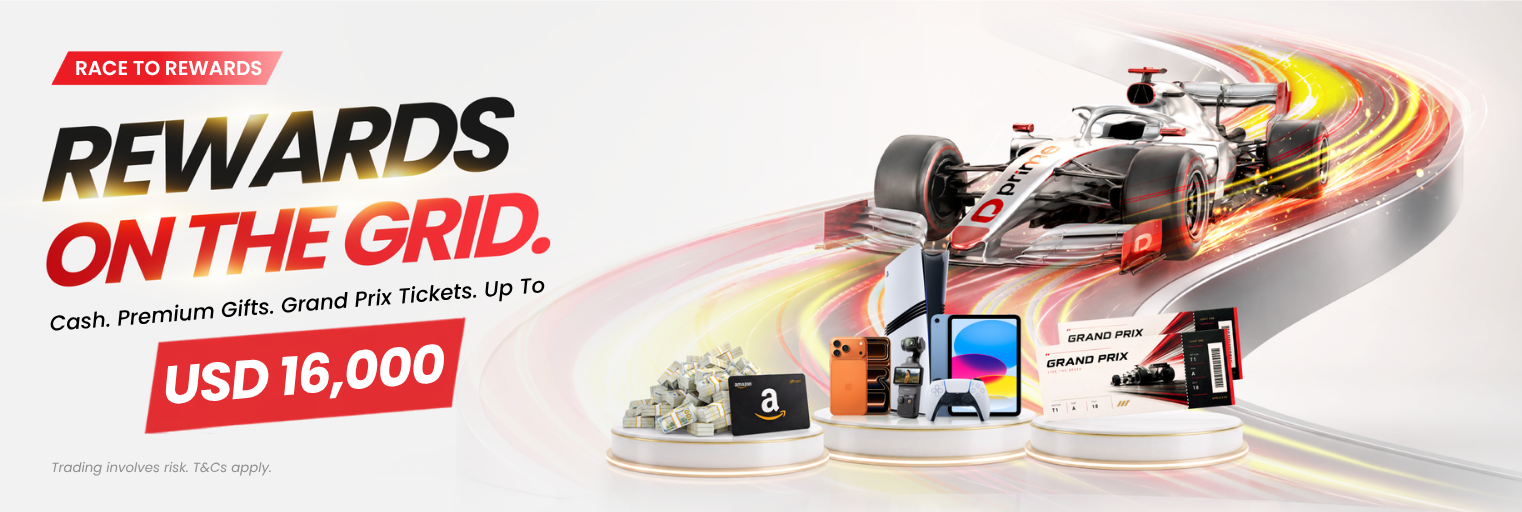 Race to Rewards campaign visual featuring a Formula-style car, Grand Prix ticket, trophy, and premium reward elements.